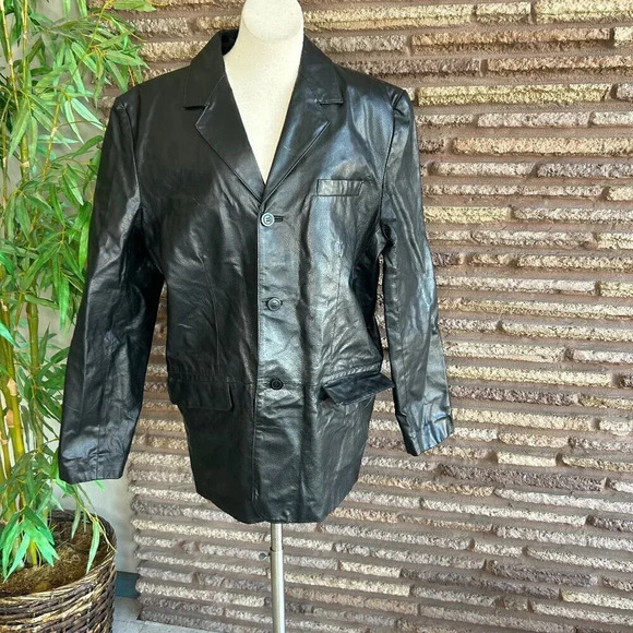 Selected Men's Vintage Black Leather 3 Button Blazer Jacket Size 2X - Picture 1 of 8